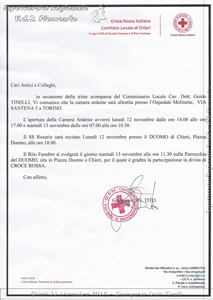 Chieri 11 Novembre 2012 - Scomparsa Dott Tinelli - Croce Rossa Italiana - Ispettorato Regionale Volontari del Soccorso del Piemonte