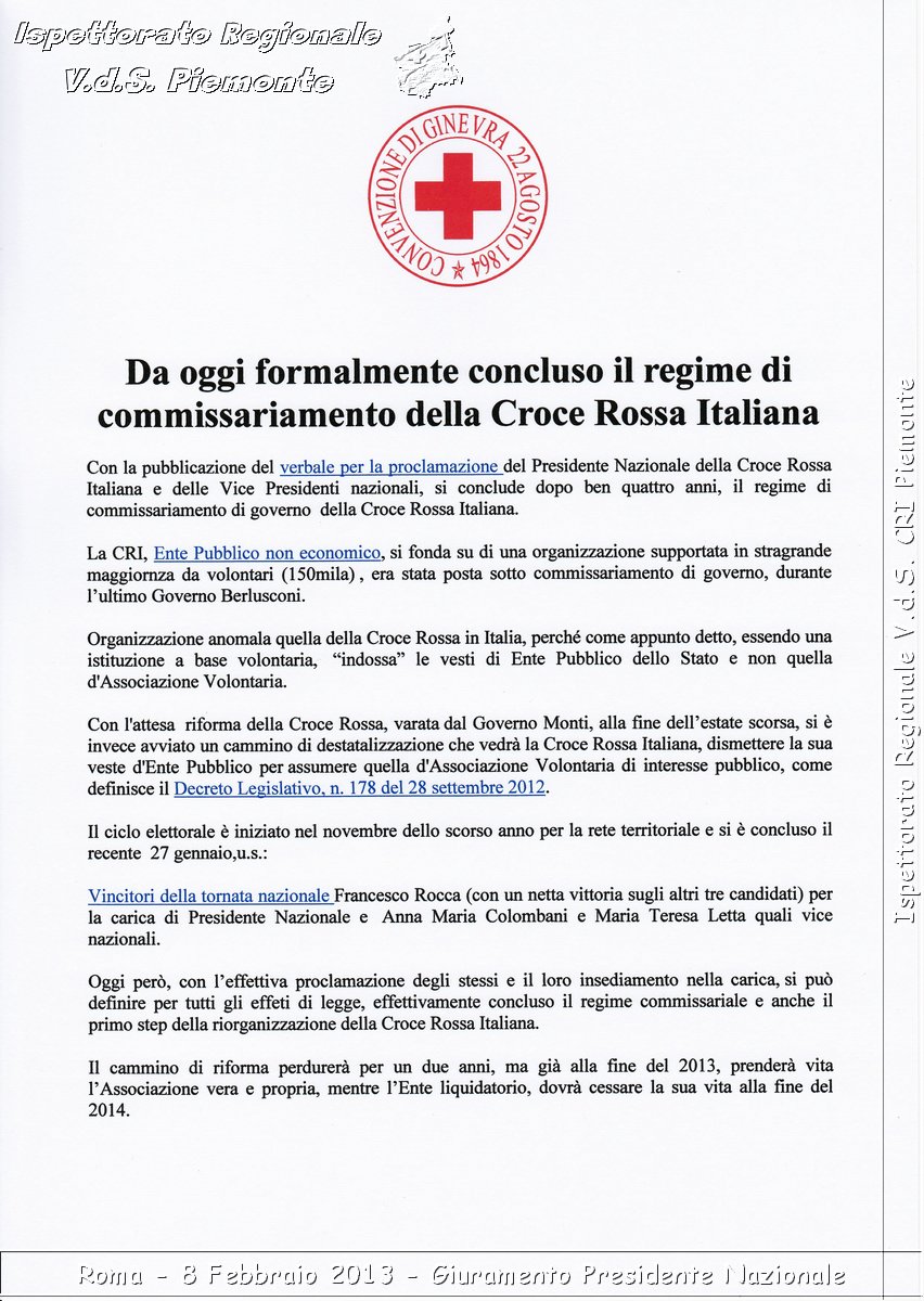 Roma - 8 Febbraio 2013 - Giuramento Presidente Nazionale - Croce Rossa Italiana - Ispettorato Regionale Volontari del Piemonte