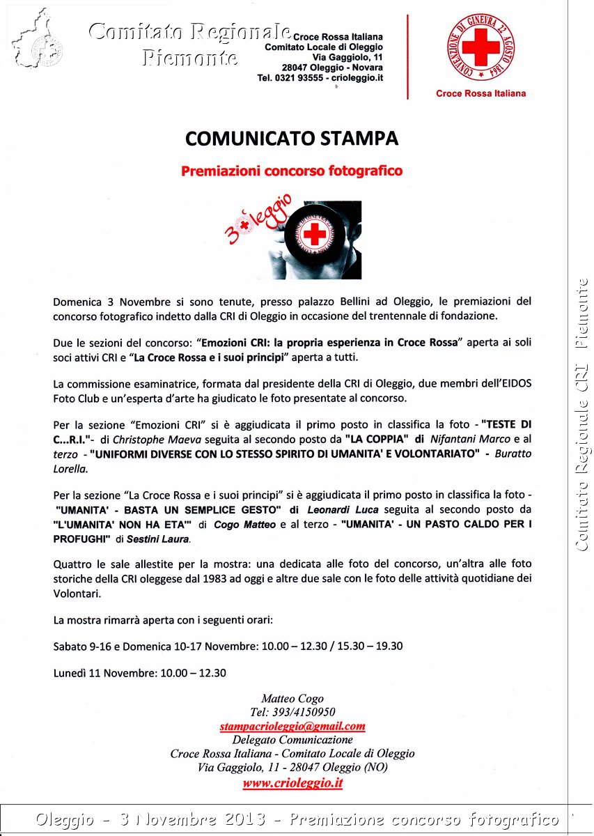 Oleggio - 3 Novembre 2013 - Premiazione concorso fotografico - Comitato Regionale del Piemonte