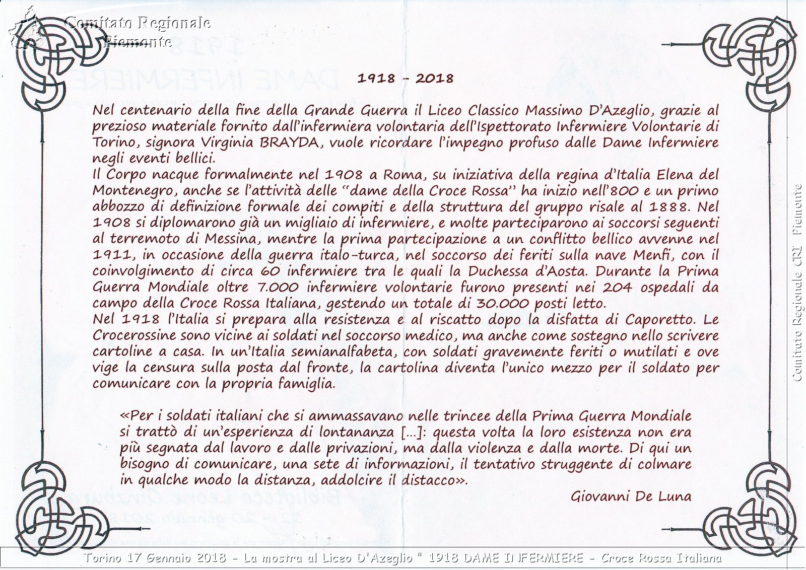 Torino 17 Gennaio 2018 - La mostra al Liceo D'Azeglio "1918 DAME INFERMIERE" - Croce Rossa Italiana- Comitato Regionale del Piemonte