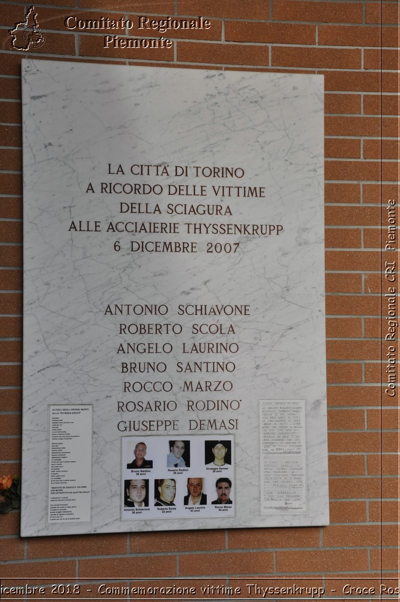 Torino 6 Dicembre 2018 - Commemorazione vittime Thyssenkrupp - Croce Rossa Italiana- Comitato Regionale del Piemonte