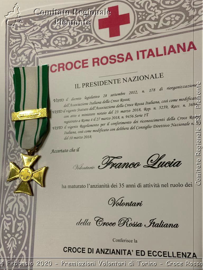 Torino 14 Febbraio 2020 - Premiazioni Volontari di Torino - Croce Rossa Italiana